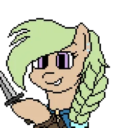 Size: 450x510 | Tagged: safe, artist:nukepony360, derpibooru import, oc, oc:coin flip, unofficial characters only, earth pony, pony, artfight, bust, cloak, clothes, dagger, digital art, ear piercing, female, image, mare, piercing, pixel art, png, portrait, simple background, solo, transparent background, weapon