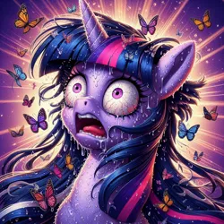 Size: 1024x1024 | Tagged: semi-grimdark, ai content, derpibooru import, machine learning generated, prompter:heydude5321, twilight sparkle, butterfly, insect, unicorn, g4, bloodshot eyes, female, generator:bing image creator, generator:dall-e 3, horn, hyperventilating, image, jpeg, shrunken pupils, solo, sweat, twilighting