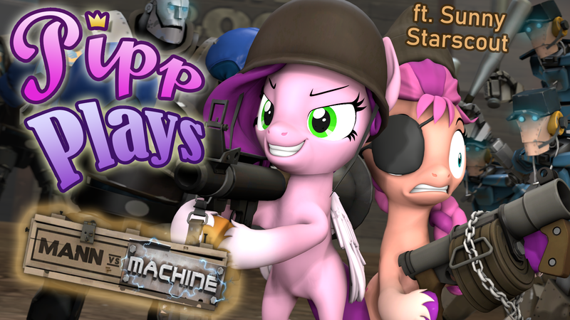 Size: 1920x1080 | Tagged: safe, artist:pika-robo, derpibooru import, pipp petals, sunny starscout, earth pony, pegasus, pony, robot, series:pipp plays, g4, g5, 3d, anniversary, clothes, cosplay, costume, demoman (tf2), duo focus, fake thumbnail, female, folded wings, g5 to g4, gamer pipp, gamer sunny starscout, generation leap, grin, heavy (tf2), helmet, hoof hold, image, let's play, mann vs machine, mare, mlp fim's fourteenth anniversary, png, rocket launcher, scout (tf2), smiling, soldier (tf2), source filmmaker, stickybomb launcher, team fortress 2, weapon, wings, youtube thumbnail