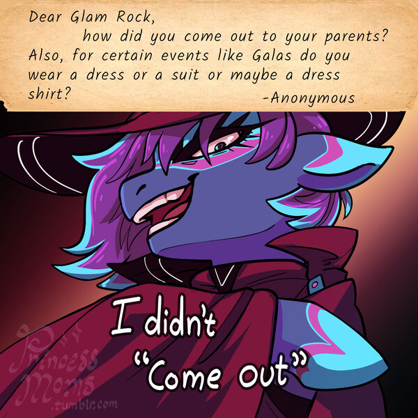 Size: 2166x2166 | Tagged: safe, artist:overlordneon, derpibooru import, oc, oc:glam rock, unofficial characters only, earth pony, pony, ask, cape, clothes, floppy ears, image, jpeg, looking at you, magical lesbian spawn, magical threesome spawn, multiple parents, offspring, open mouth, open smile, parent:maud pie, parent:starlight glimmer, parent:trixie, parents:starmauxie, smiling, solo, talking to viewer, tumblr