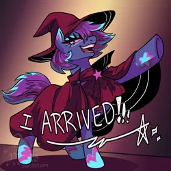 Size: 2166x2166 | Tagged: safe, artist:overlordneon, derpibooru import, oc, oc:glam rock, unofficial characters only, earth pony, pony, cape, clothes, floppy ears, hat, image, jpeg, looking at you, magical lesbian spawn, magical threesome spawn, multiple parents, offspring, open mouth, open smile, parent:maud pie, parent:starlight glimmer, parent:trixie, parents:starmauxie, smiling, solo, talking to viewer, wizard hat