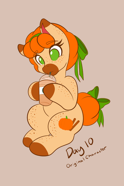 Size: 1365x2048 | Tagged: safe, artist:mscolorsplash, derpibooru import, oc, oc:pumpkin spice, unofficial characters only, earth pony, pony, body freckles, bow, brown background, coffee, colored hooves, colored muzzle, cute, drink, drinking, drinking straw, female, food, freckles, hair bow, hair bun, hooves, image, latte, leg freckles, mare, no pupils, png, pumpkin spice latte, shoulder freckles, simple background, sitting, solo, tail, tail bow, tail bun