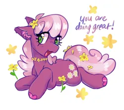 Size: 2678x2382 | Tagged: safe, artist:opalacorn, derpibooru import, cheerilee, earth pony, pony, g4, cheeribetes, cute, floppy ears, flower, flower in hair, flower in tail, image, jpeg, lying down, open mouth, open smile, prone, simple background, smiling, solo, tail, white background