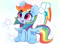 Size: 4000x3000 | Tagged: safe, artist:zokkili, derpibooru import, rainbow dash, pegasus, pony, g4, beanbrows, cute, dashabetes, ear fluff, eyebrows, eyebrows visible through hair, female, high res, image, jpeg, mare, open mouth, open smile, signature, sitting, smiling, solo, spread wings, stars, tail, wings