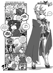 Size: 1500x2044 | Tagged: safe, artist:boastudio, derpibooru import, bramble, cookie crumbles, king aspen, princess ember, oc, oc:ullr, anthro, deer, dragon, armor, cape, clothes, comic, cookie, deer oc, eating, food, image, non-pony oc, png, stealing, stealing cookies, stealth eating