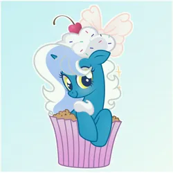 Size: 6890x6890 | Tagged: safe, artist:riofluttershy, derpibooru import, oc, oc:fleurbelle, unofficial characters only, alicorn, pony, alicorn oc, blue background, blushing, bow, cake, cherry, cupcake, female, food, frosting, hair bow, horn, image, jpeg, mare, pink bow, simple background, smiling, solo, sprinkles, tail, two toned hair, two toned mane, two toned tail, wings, yellow eyes