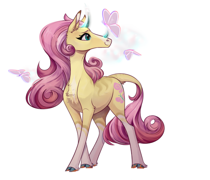 Size: 1000x857 | Tagged: safe, artist:silverfir, derpibooru import, fluttershy, abada, butterfly, insect, pony, g4, butterfly on nose, chest fluff, cloven hooves, collaboration, collaboration:bestiary of fluttershy, female, horns, image, insect on nose, leonine tail, mare, png, solo, species swap, tail