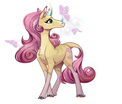 Size: 1000x857 | Tagged: safe, artist:silverfir, derpibooru import, fluttershy, abada, butterfly, insect, pony, g4, butterfly on nose, chest fluff, cloven hooves, collaboration, collaboration:bestiary of fluttershy, female, horns, image, insect on nose, leonine tail, mare, png, solo, species swap, tail