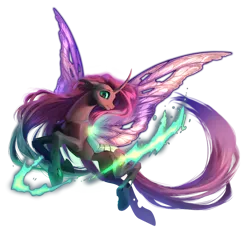 Size: 1000x1000 | Tagged: safe, alternate version, artist:rrusha, derpibooru import, fluttershy, changeling, pony, g4, butterfly wings, collaboration, collaboration:bestiary of fluttershy, curved horn, female, flying, horn, image, magic, mare, png, simple background, slit pupils, solo, species swap, transparent background, wings