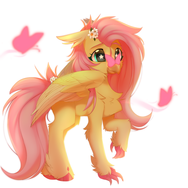 Size: 1000x1000 | Tagged: safe, artist:lunylin, derpibooru import, fluttershy, butterfly, hippogriff, insect, g4, butterfly on nose, chest fluff, collaboration, collaboration:bestiary of fluttershy, female, flower, flower in hair, flower in tail, image, insect on nose, png, simple background, solo, species swap, tail, transparent background