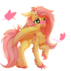 Size: 1000x1000 | Tagged: safe, artist:lunylin, derpibooru import, fluttershy, butterfly, hippogriff, insect, g4, butterfly on nose, chest fluff, collaboration, collaboration:bestiary of fluttershy, female, flower, flower in hair, flower in tail, image, insect on nose, png, simple background, solo, species swap, tail, transparent background