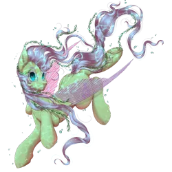 Size: 1000x1000 | Tagged: safe, artist:gunya, derpibooru import, fluttershy, kelpie, pony, g4, collaboration, collaboration:bestiary of fluttershy, female, fin wings, fins, image, mare, png, simple background, solo, species swap, swimming, transparent background, wings