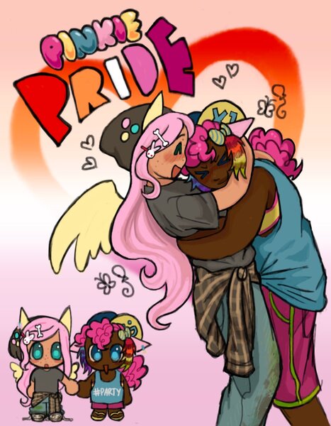 Size: 1377x1769 | Tagged: safe, artist:zorotac, derpibooru import, fluttershy, pinkie pie, human, chibi, dark skin, duo, duo female, female, hug, humanized, image, jpeg, lesbian, lesbian pride flag, pansexual pride flag, pride, pride flag, ship:flutterpie, shipping, smiling