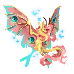 Size: 1000x1000 | Tagged: safe, artist:mouse tail, derpibooru import, fluttershy, butterfly, insect, wyvern, g4, chest fluff, collaboration, collaboration:bestiary of fluttershy, curved horn, female, horn, horns, image, leonine tail, png, simple background, solo, species swap, spread wings, tail, transparent background, wings