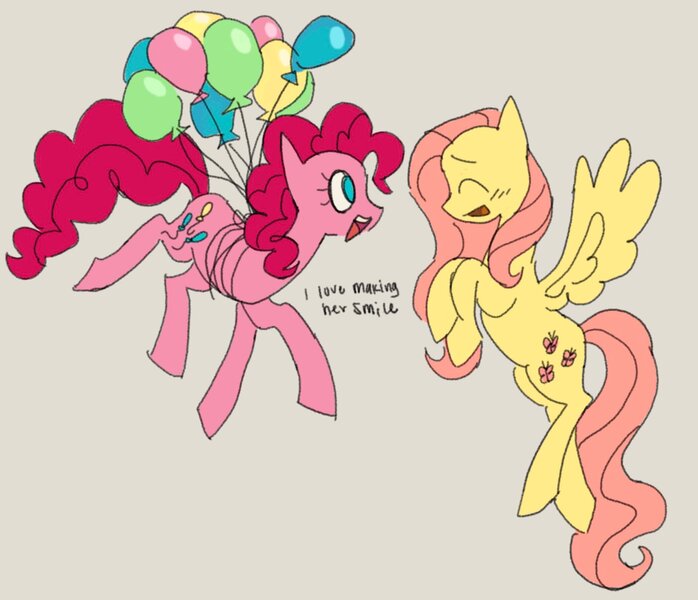 Size: 1887x1622 | Tagged: safe, artist:zorotac, derpibooru import, fluttershy, pinkie pie, earth pony, pegasus, pony, balloon, cute, duo, duo female, female, gray background, image, jpeg, mare, open mouth, open smile, simple background, smiling, smiling at someone