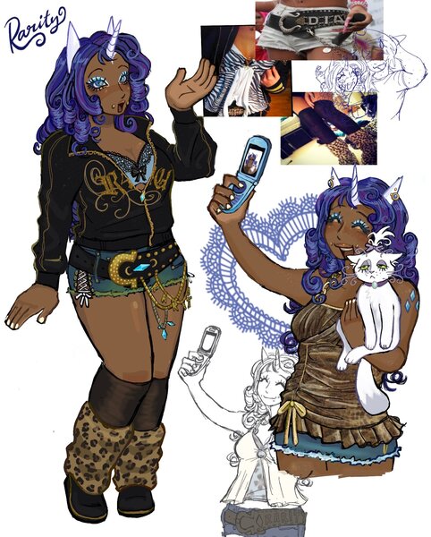 Size: 1572x1955 | Tagged: safe, artist:zorotac, derpibooru import, opalescence, rarity, cat, human, g4, blackwashing, dark skin, flip phone, holding, holding a cat, holding phone, humanized, image, jpeg, phone, simple background, white background