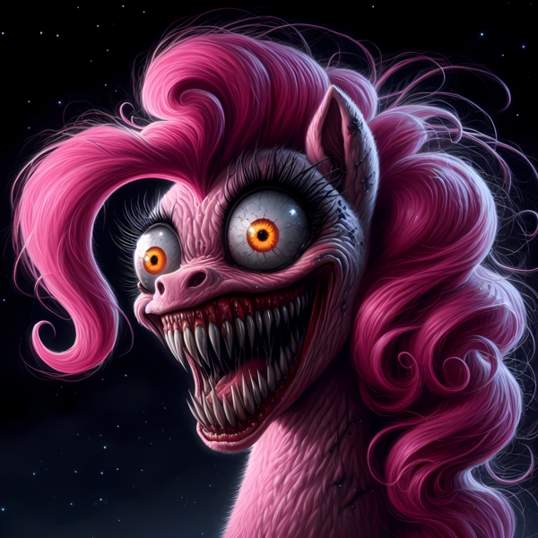 Size: 4096x4096 | Tagged: grotesque, ai content, anonymous prompter, machine learning generated, pinkie pie, earth pony, pony, abomination, absurd resolution, bust, creepy, dark background, generator:bing image creator, generator:dall-e 3, glowing eyes, image, messy mane, orange eyes, png, sharp teeth, solo, stars, teeth, upscaled, wide smile