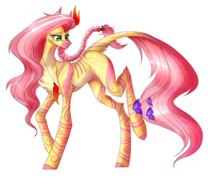 Size: 1000x856 | Tagged: safe, artist:atelgo, derpibooru import, fluttershy, butterfly, insect, zebra, g4, braid, chest fluff, collaboration, collaboration:bestiary of fluttershy, female, image, jewelry, necklace, png, simple background, solo, species swap, transparent background