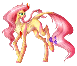 Size: 1000x856 | Tagged: safe, artist:atelgo, derpibooru import, fluttershy, butterfly, insect, zebra, g4, braid, chest fluff, collaboration, collaboration:bestiary of fluttershy, female, image, jewelry, necklace, png, simple background, solo, species swap, transparent background