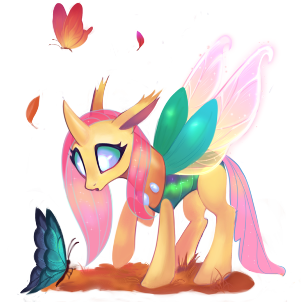 Size: 1000x1000 | Tagged: safe, artist:switchsugar, derpibooru import, fluttershy, butterfly, changedling, changeling, insect, g4, changedlingified, changelingified, collaboration, collaboration:bestiary of fluttershy, female, flutterling, image, png, simple background, solo, species swap, transparent background