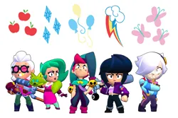 Size: 6000x4000 | Tagged: safe, derpibooru import, applejack, fluttershy, pinkie pie, rainbow dash, rarity, human, barely pony related, belle (brawl stars), bibi, bibi (brawl stars), brawl stars, brawler, chester, chester (brawl stars), clothes, colette, colette (brawl stars), crossover, cutie mark, dress, female, glasses, hat, image, jacket, jester hat, jester outfit, lola, lola (brawl stars), male, pants, png, shoes, supercell, vest