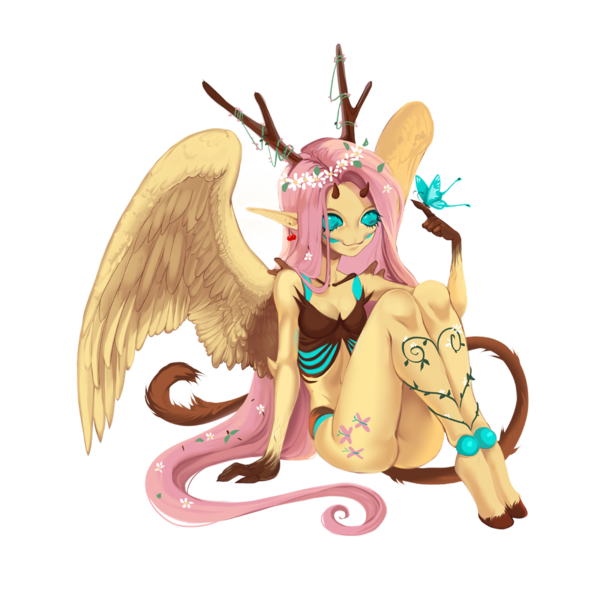 Size: 1000x1000 | Tagged: safe, artist:karoshisatan, derpibooru import, fluttershy, anthro, butterfly, dryad, insect, unguligrade anthro, g4, antlers, breasts, collaboration, collaboration:bestiary of fluttershy, female, floral head wreath, flower, flower in hair, flutterdryad, horns, image, png, simple background, solo, species swap, transparent background