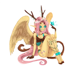 Size: 1000x1000 | Tagged: safe, artist:karoshisatan, derpibooru import, fluttershy, anthro, butterfly, dryad, insect, unguligrade anthro, g4, antlers, breasts, collaboration, collaboration:bestiary of fluttershy, female, floral head wreath, flower, flower in hair, flutterdryad, horns, image, png, simple background, solo, species swap, transparent background