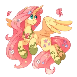 Size: 1000x1000 | Tagged: safe, artist:skysorbett, derpibooru import, fluttershy, alicorn, butterfly, insect, pony, g4, alicornified, beautiful, chest fluff, collaboration, collaboration:bestiary of fluttershy, female, flower, flower in hair, fluttercorn, flying, hoof shoes, horn, image, jewelry, leg fluff, mare, necklace, peytral, png, princess shoes, race swap, simple background, solo, spread wings, transparent background, wings