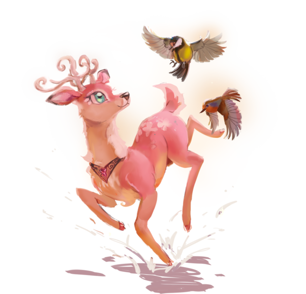 Size: 1000x962 | Tagged: safe, artist:laymy, derpibooru import, fluttershy, bird, deer, g4, collaboration, collaboration:bestiary of fluttershy, deerified, doe, element of kindness, female, flutterdeer, image, looking up, peytral, png, signature, simple background, smiling, solo, species swap, splashing, transparent background