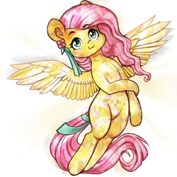 Size: 1000x1000 | Tagged: safe, artist:krista-21, derpibooru import, fluttershy, crystal pony, pegasus, pony, :3, collaboration, collaboration:bestiary of fluttershy, female, flying, image, mare, png, simple background, solo, spread wings, transparent background, wings