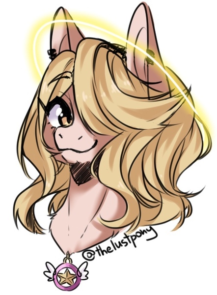 Size: 502x681 | Tagged: safe, artist:illustra, derpibooru import, oc, unofficial characters only, pony, bust, eyebrows, eyebrows visible through hair, female, female oc, glow, halo, image, jewelry, jpeg, looking at you, mare, mare oc, necklace, one eye covered, portrait, signature, simple background, white background