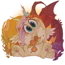 Size: 1000x1000 | Tagged: safe, artist:wacky-skiff, derpibooru import, fluttershy, jackalope, spider, g4, chest fluff, collaboration, collaboration:bestiary of fluttershy, eyebrows, eyebrows visible through hair, female, halloween, holiday, horns, image, jack-o-lantern, mushroom, png, pumpkin, solo, species swap, wings