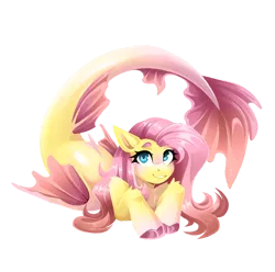 Size: 1000x991 | Tagged: safe, artist:buvanybu, derpibooru import, fluttershy, merpony, pegasus, pony, seapony (g4), g4, blue eyes, blushing, chest fluff, cloven hooves, collaboration, collaboration:bestiary of fluttershy, cute, digital art, dorsal fin, eyelashes, female, fin, fin wings, fins, fish tail, image, looking at you, lying down, mare, pink mane, pink tail, png, seaponified, seapony fluttershy, shyabetes, simple background, smiling, smiling at you, solo, sparkles, species swap, tail, transparent background, unshorn fetlocks, wings