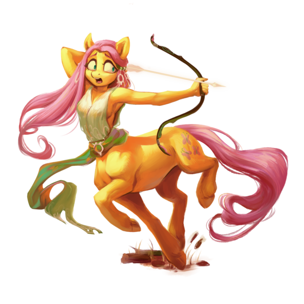 Size: 1000x1000 | Tagged: safe, artist:jewellier, derpibooru import, fluttershy, anthro, centaur, taur, g4, arrow, bow (weapon), bow and arrow, breasts, clothes, collaboration, collaboration:bestiary of fluttershy, female, image, png, running, sideboob, simple background, solo, transparent background, weapon