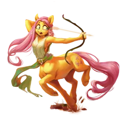 Size: 1000x1000 | Tagged: safe, artist:jewellier, derpibooru import, fluttershy, anthro, centaur, taur, g4, arrow, bow (weapon), bow and arrow, breasts, clothes, collaboration, collaboration:bestiary of fluttershy, female, image, png, running, sideboob, simple background, solo, transparent background, weapon