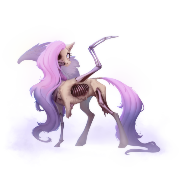 Size: 1000x1000 | Tagged: semi-grimdark, artist:sparkling_light, derpibooru import, fluttershy, ghost, ghost pony, pegasus, pony, undead, g4, collaboration, collaboration:bestiary of fluttershy, concave belly, emaciated, exposed bone, female, helhest, image, mare, missing eye, missing limb, png, ribs, simple background, skinny, solo, spine, thin, transparent background