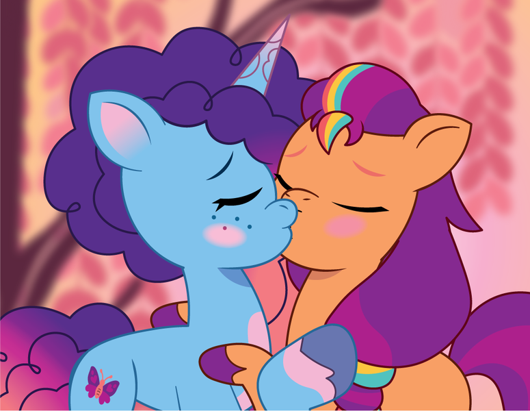 Size: 1037x803 | Tagged: safe, artist:prixy05, derpibooru import, sunny starscout, earth pony, pony, unicorn, g5, my little pony: tell your tale, duo, duo female, eyes closed, female, horn, image, kiss on the lips, kissing, lesbian, mane stripe sunny, mare, misty brightdawn, png, rebirth misty, ship:sunnydawn, shipping, unitober 2024