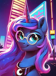 Size: 2048x2816 | Tagged: safe, ai content, derpibooru import, machine learning generated, prompter:star-dragon, stable diffusion, princess luna, alicorn, pony, g4, bust, city, female, generator:pony diffusion v6 xl, glasses, horn, image, looking at you, mare, neon, night, outdoors, png, portrait, retrowave, round glasses, smiling, solo, solo female