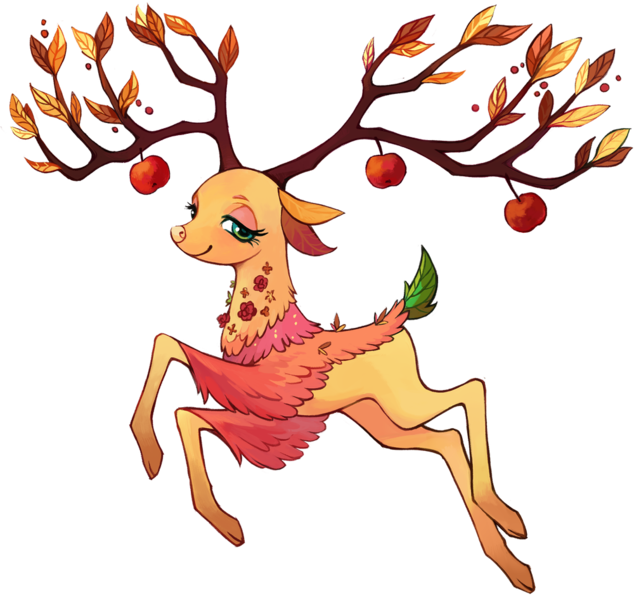 Size: 1000x946 | Tagged: safe, artist:weird--fish, derpibooru import, the great seedling, deer, g4, going to seed, apple, cloven hooves, collaboration, collaboration:bestiary of fluttershy, concave belly, flutterdeer, food, image, png, quadrupedal, simple background, slender, solo, species swap, thin, thin legs, transparent background