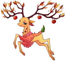 Size: 1000x946 | Tagged: safe, artist:weird--fish, derpibooru import, the great seedling, deer, g4, going to seed, apple, cloven hooves, collaboration, collaboration:bestiary of fluttershy, concave belly, flutterdeer, food, image, png, quadrupedal, simple background, slender, solo, species swap, thin, thin legs, transparent background