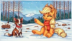 Size: 1344x768 | Tagged: safe, ai content, derpibooru import, machine learning generated, stable diffusion, applejack, winona, dog, earth pony, pony, g4, clothes, ear fluff, eyes closed, female, generator:pony diffusion v6 xl, image, jpeg, mare, prompter:siber, scarf, scenery, sitting, smiling, snow, snowfall, solo, underhoof, winter