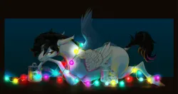 Size: 3649x1929 | Tagged: safe, artist:eugenchen, derpibooru import, oc, unofficial characters only, pegasus, pony, abstract background, christmas, christmas lights, holiday, image, jar, png, solo, spread wings, wings