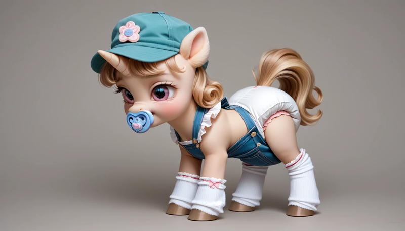 Size: 1344x768 | Tagged: questionable, ai content, derpibooru import, machine learning generated, oc, unofficial characters only, pony, unicorn, adult foal, bonnet, cap, clothes, diaper, diaper fetish, embarrassment, female, fetish, filly, foal, hat, horn, image, non-baby in diaper, pacifier, png, socks, solo, solo female, tail, tail hole, uncanny valley