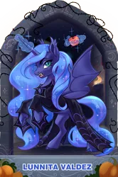 Size: 1625x2445 | Tagged: safe, artist:alrumoon_art, artist:lunnita_pony, derpibooru import, princess luna, alicorn, bat pony, bat pony alicorn, pony, g4, apple, bat wings, clothes, collaboration, collaboration:nightmare night event (2022), fangs, female, food, horn, image, magic, mare, png, rearing, spread wings, telekinesis, wings