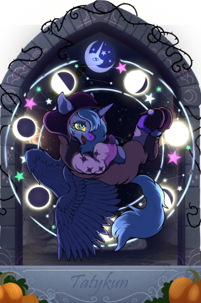 Size: 1625x2445 | Tagged: safe, alternate version, artist:alrumoon_art, artist:tatykin, derpibooru import, princess luna, alicorn, pony, g4, spoiler:the owl house, clothes, collaboration, collaboration:nightmare night event (2022), crossover, female, hood, image, lunar phases, mare, open mouth, open smile, png, smiling, solo, spoilers for another series, spread wings, the collector, the owl house, wings