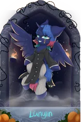 Size: 4000x5977 | Tagged: safe, artist:alrumoon_art, artist:lunylin, derpibooru import, princess luna, alicorn, pony, g4, clothes, collaboration, collaboration:nightmare night event (2022), constellation hair, female, flying, image, mare, png, solo, spread wings, wings