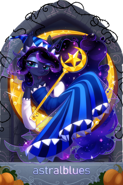 Size: 1625x2445 | Tagged: safe, artist:alrumoon_art, artist:astralblues, derpibooru import, princess luna, alicorn, pony, semi-anthro, g4, chest fluff, clothes, collaboration, collaboration:nightmare night event (2022), cookie run, cosplay, costume, crescent moon, dress, ear tufts, female, image, key, looking at you, mare, moon, moonlight cookie, png, smiling, smiling at you, solo, tangible heavenly object