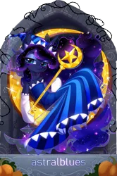 Size: 1625x2445 | Tagged: safe, artist:alrumoon_art, artist:astralblues, derpibooru import, princess luna, alicorn, pony, semi-anthro, g4, chest fluff, clothes, collaboration, collaboration:nightmare night event (2022), cookie run, cosplay, costume, crescent moon, dress, ear tufts, female, image, key, looking at you, mare, moon, moonlight cookie, png, smiling, smiling at you, solo, tangible heavenly object