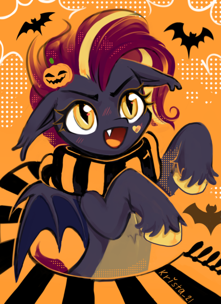 Size: 1583x2173 | Tagged: safe, artist:krista-21, derpibooru import, oc, unofficial characters only, bat, bat pony, pony, >:d, bat ears, bat pony oc, bat wings, blushing, chest fluff, clothes, cute, ear fluff, fangs, female, heart, hooves, image, looking at you, mare, messy mane, mlp fim's fourteenth anniversary, open mouth, open smile, orange background, png, pumpkin, raised hoof, scarf, simple background, smiling, solo, spread wings, wings, yellow eyes