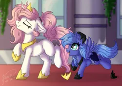 Size: 4093x2894 | Tagged: safe, artist:julunis14, derpibooru import, princess celestia, princess luna, pegasus, pony, unicorn, g4, blank flank, cewestia, crown, duo, duo female, ear fluff, eyes closed, female, filly, filly luna, floppy ears, foal, high res, hoof shoes, horn, image, indoors, jewelry, leg fluff, open mouth, open smile, pegasus luna, peytral, png, princess shoes, profile, race swap, raised hoof, regalia, royal sisters, siblings, side view, signature, sisters, smiling, tail, unicorn celestia, woona, younger